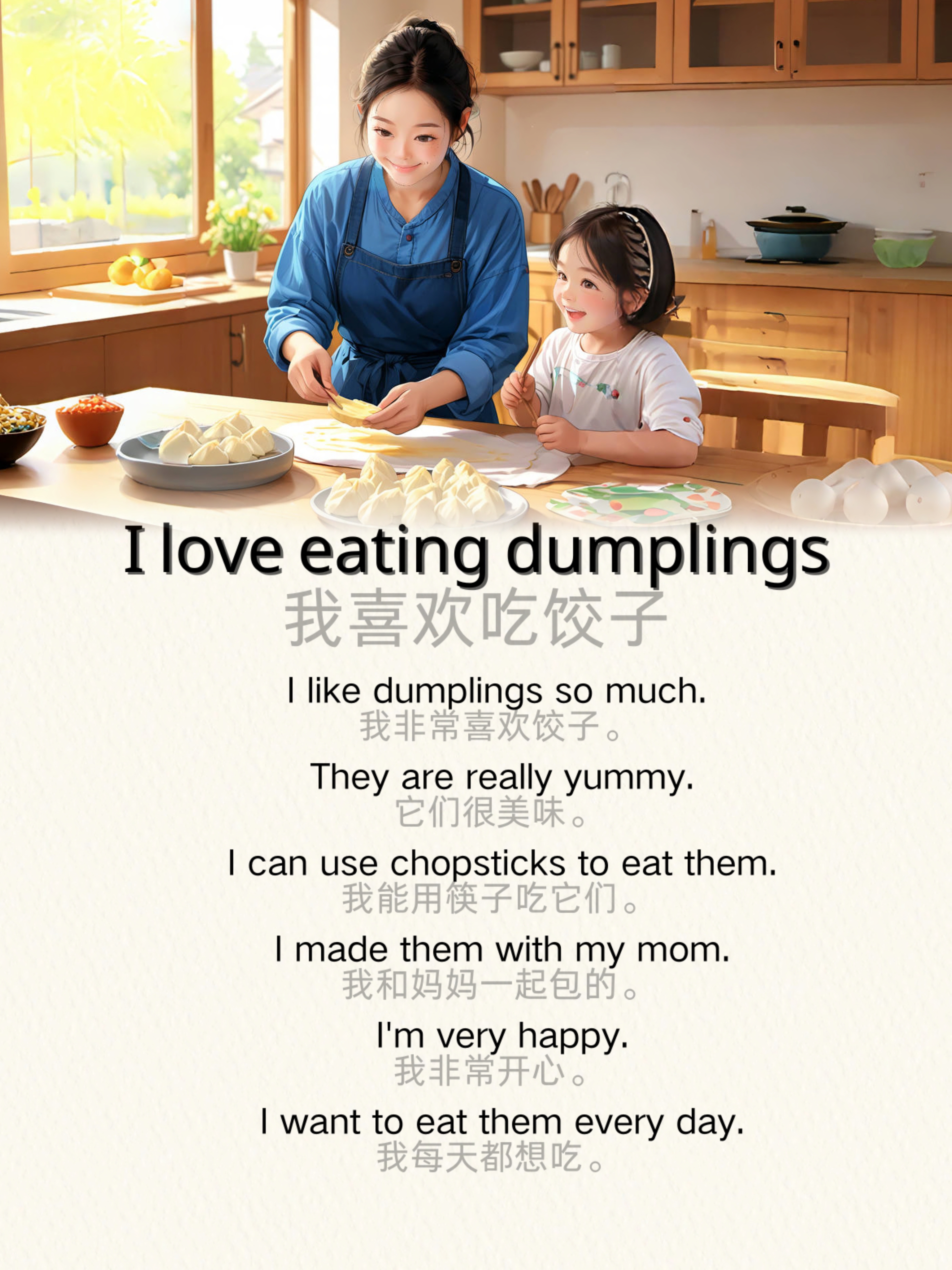 I love eating dumplings 我喜欢吃饺子