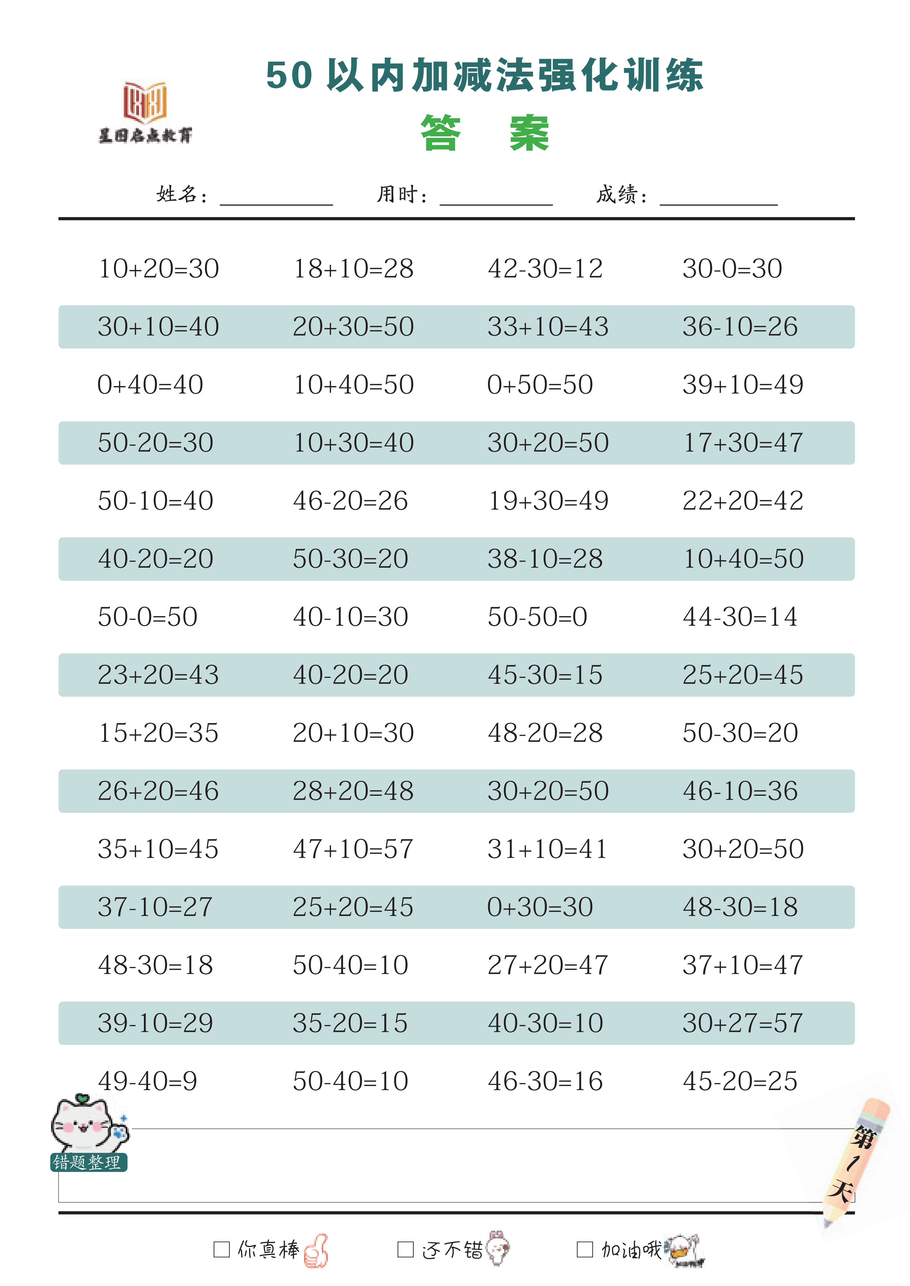 50 以内加减法强化训练